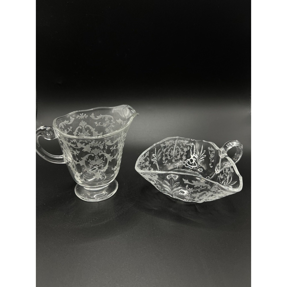 Vintage Fostoria Navarre Creamer & Sugar Bowl Set Elegant Etched Glass